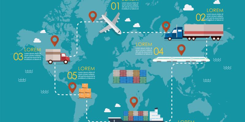Global logistics network. Set of cargo truck jet maritime shipping and train transportation. Vector illustration
