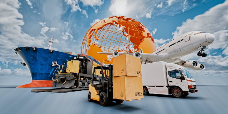 Global business of Container Cargo freight train for logistic import export, Business logistics concept , Air cargo trucking  , maritime shipping , On-time delivery. 3d rendering.