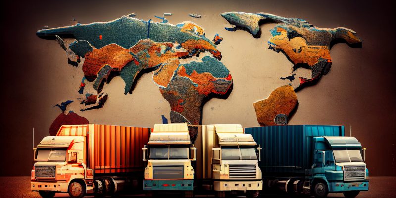 Trucks with cargo on the background of the world map